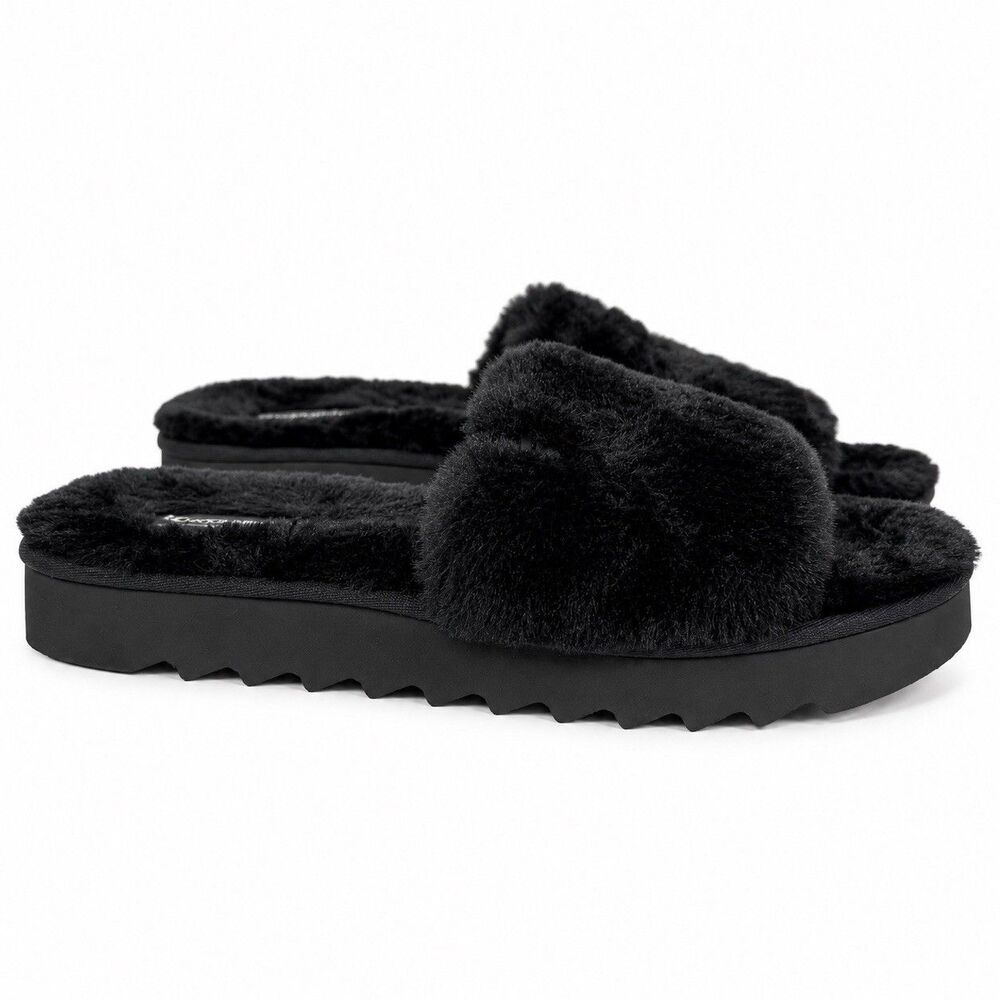 Koolaburra by UGG Womens 7 Black Furr-ah Faux Fur Slide Slippers Platform